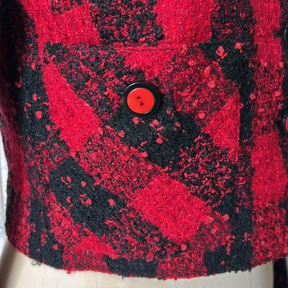 Vintage Carlisle Wool Red/Black Buffalo Check Boucle Blazer‎ Cropped Lined 6